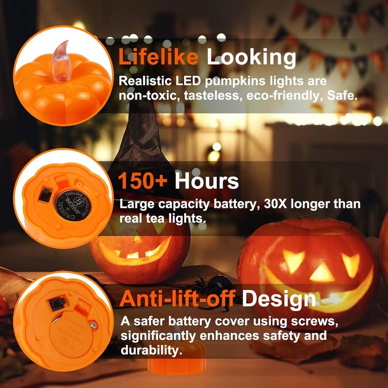 CESOF Pumpkin Tea Lights Decorations Fall Decor, 24 Pack LED Orange Pumpkin Lights Flameless Candles Battery Operated, Halloween Thanksgiving Flickering Tealight Candle for Home Table Indoor Party - Image 3
